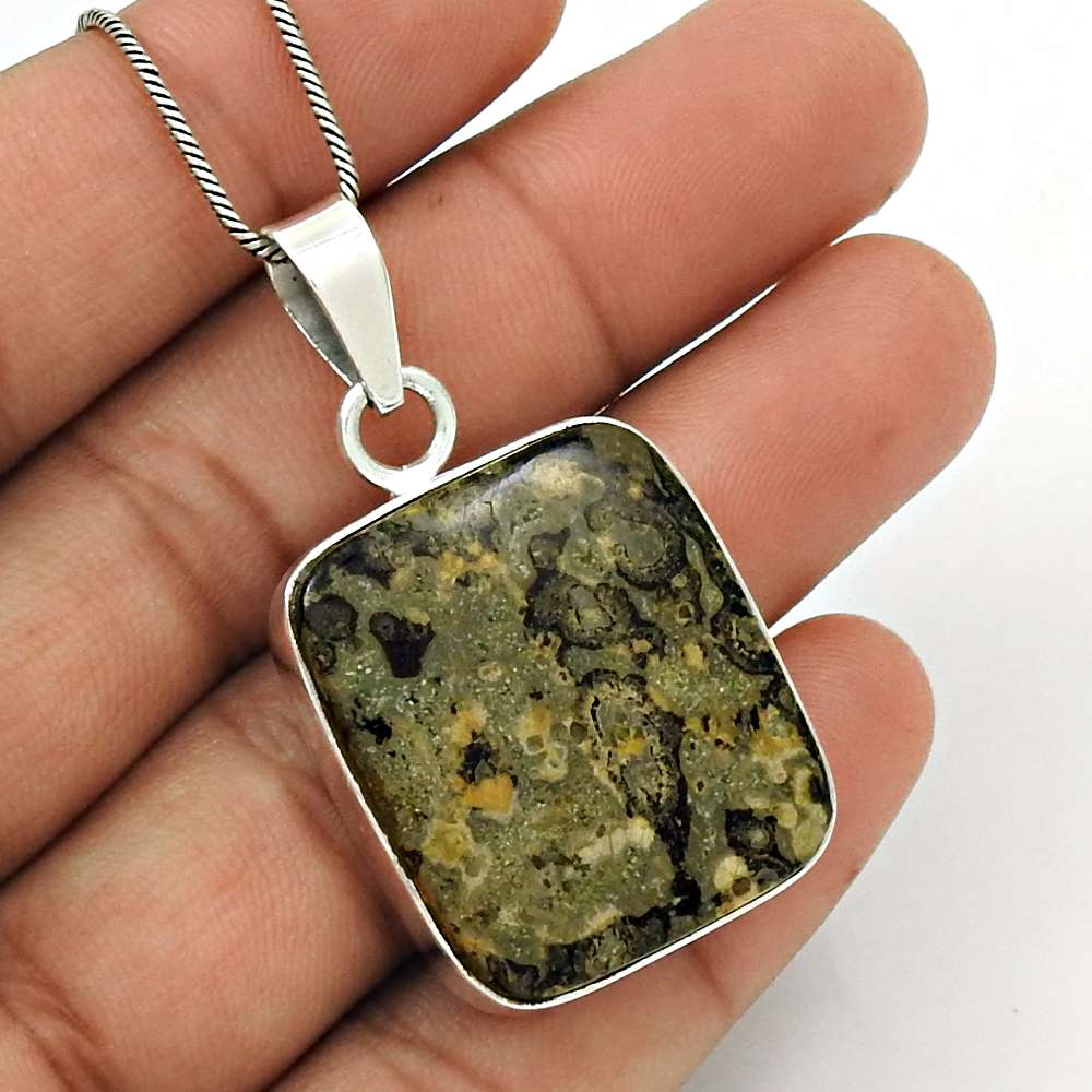 Birthday Gift For Her Natural Leopardskin Jasper Pendant Stylish 925 Silver T15