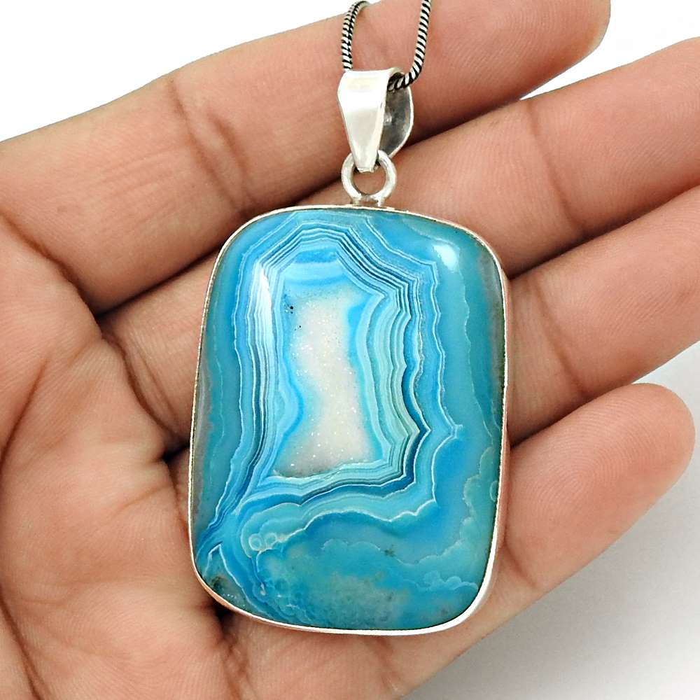 Natural Druzy Gemstone Pendant Vintage 925 Sterling Silver Jewelry For Girls U15