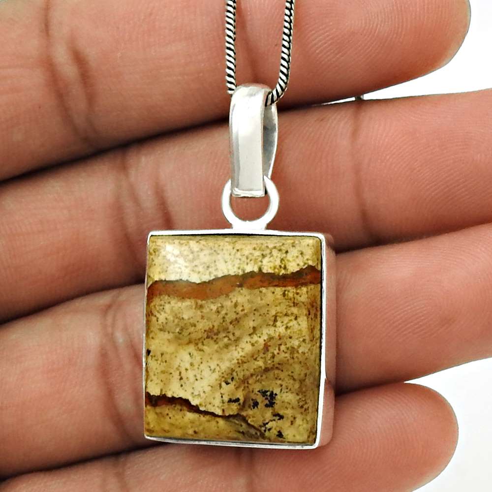 Natural Picture Jasper Gemstone Pendant Vintage 925 Silver For Girls Z17