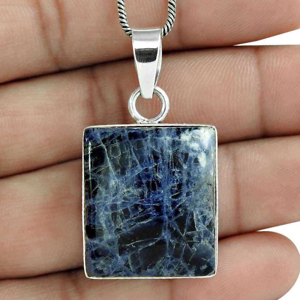 Natural Sodalite Gemstone Pendant Vintage Blue 925 Sterling Silver Jewelry C10