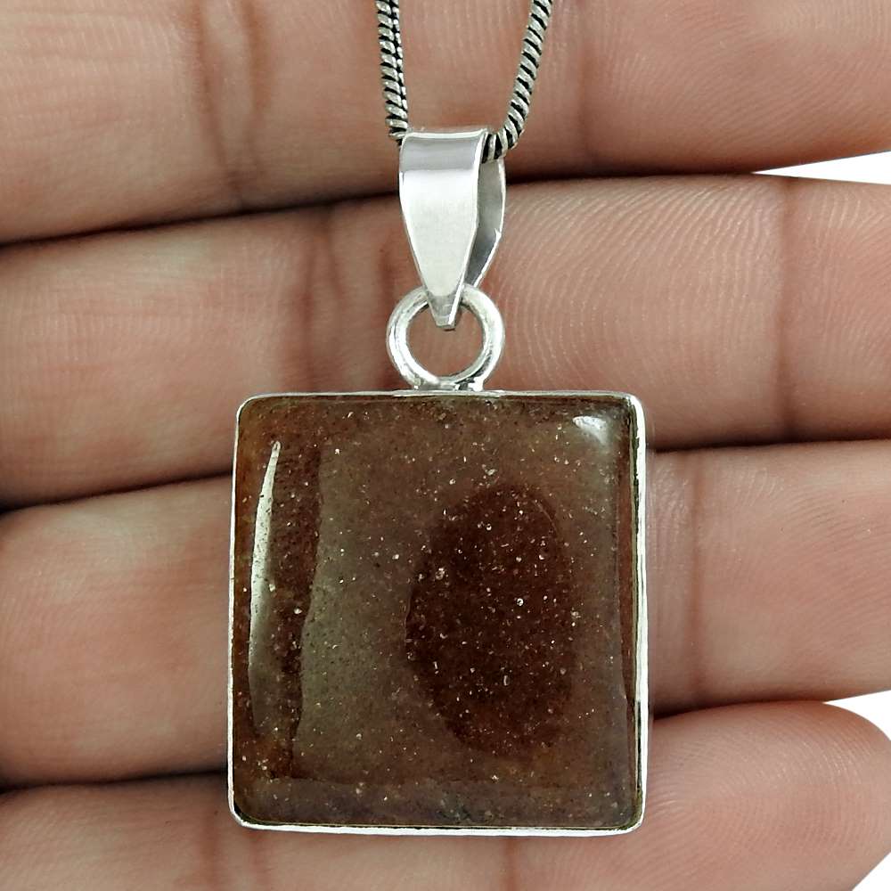 Natural Sunstone Gemstone Pendant Ethnic 925 Sterling Silver For Girls T6