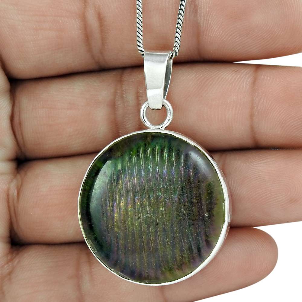 Natural Dico Glass Gemstone Pendant Boho 925 Sterling Silver For Women Q1