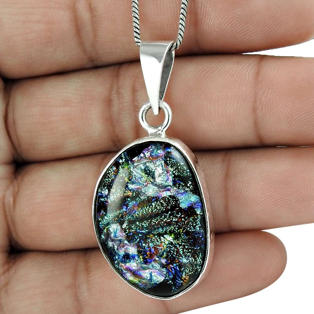 Natural Dico Glass Gemstone Pendant Ethnic 925 Sterling Silver For Girls H9