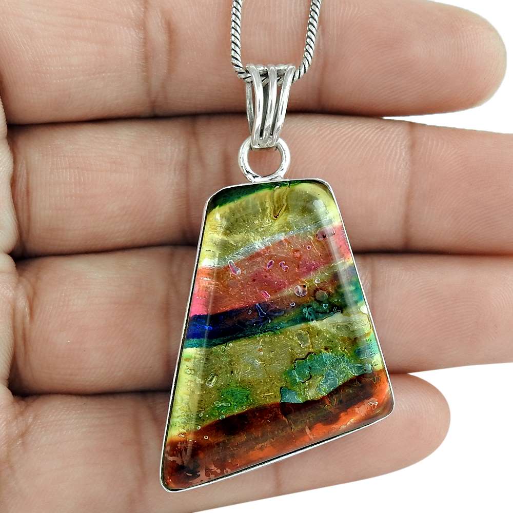 Natural Dico Glass Gemstone 925 Sterling Silver Pendant Ethnic For Girls U39