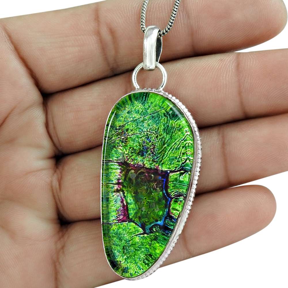 Natural Dico Glass Gemstone Pendant Boho 925 Sterling Silver For Girls Q4