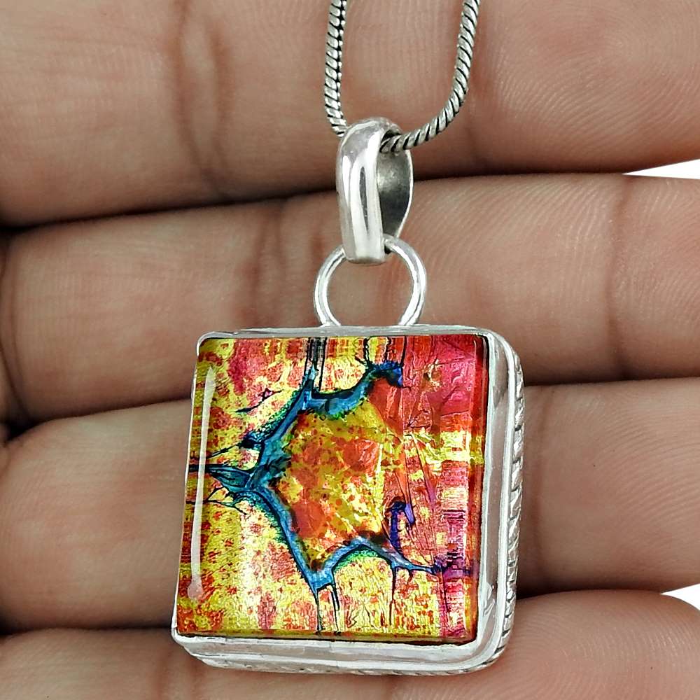 Natural Dico Glass Gemstone Pendant 925 Sterling Silver Indian Jewelry M19