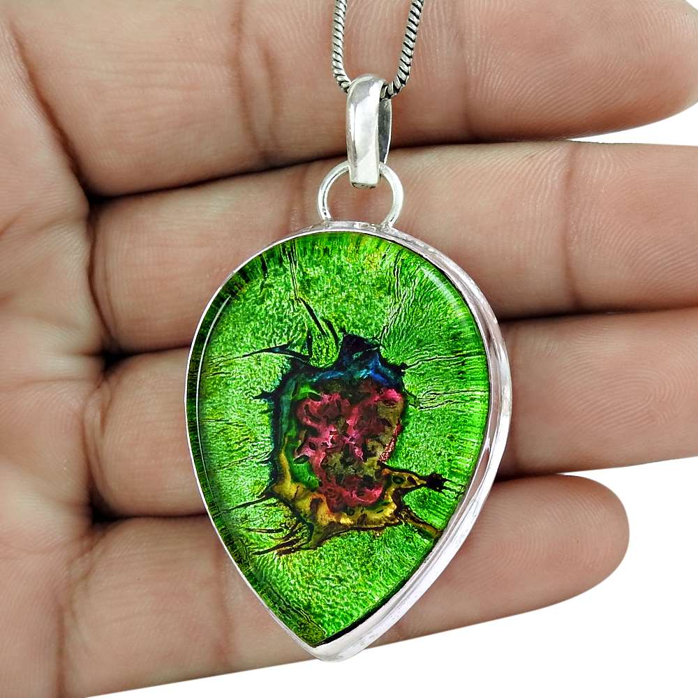 Natural Dico Glass Gemstone Pendant Green 925 Sterling Silver Indian Jewelry Y13