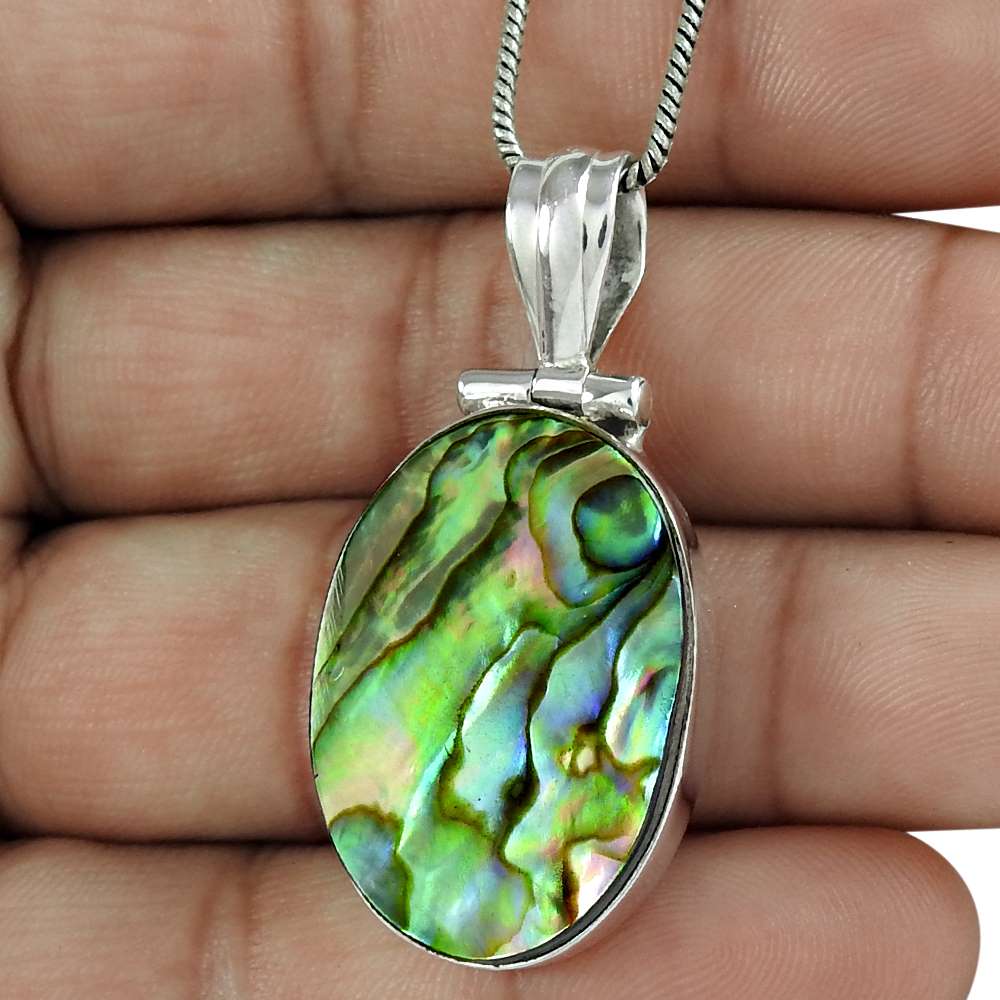 Natural Abalone Shell Gemstone Pendant 925 Sterling Silver Indian Jewelry G4