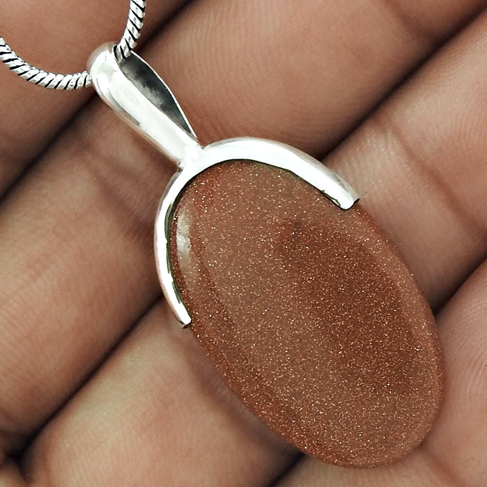 Natural Brown Sunstone Gemstone Pendant Boho 925 Sterling Silver Jewelry V5
