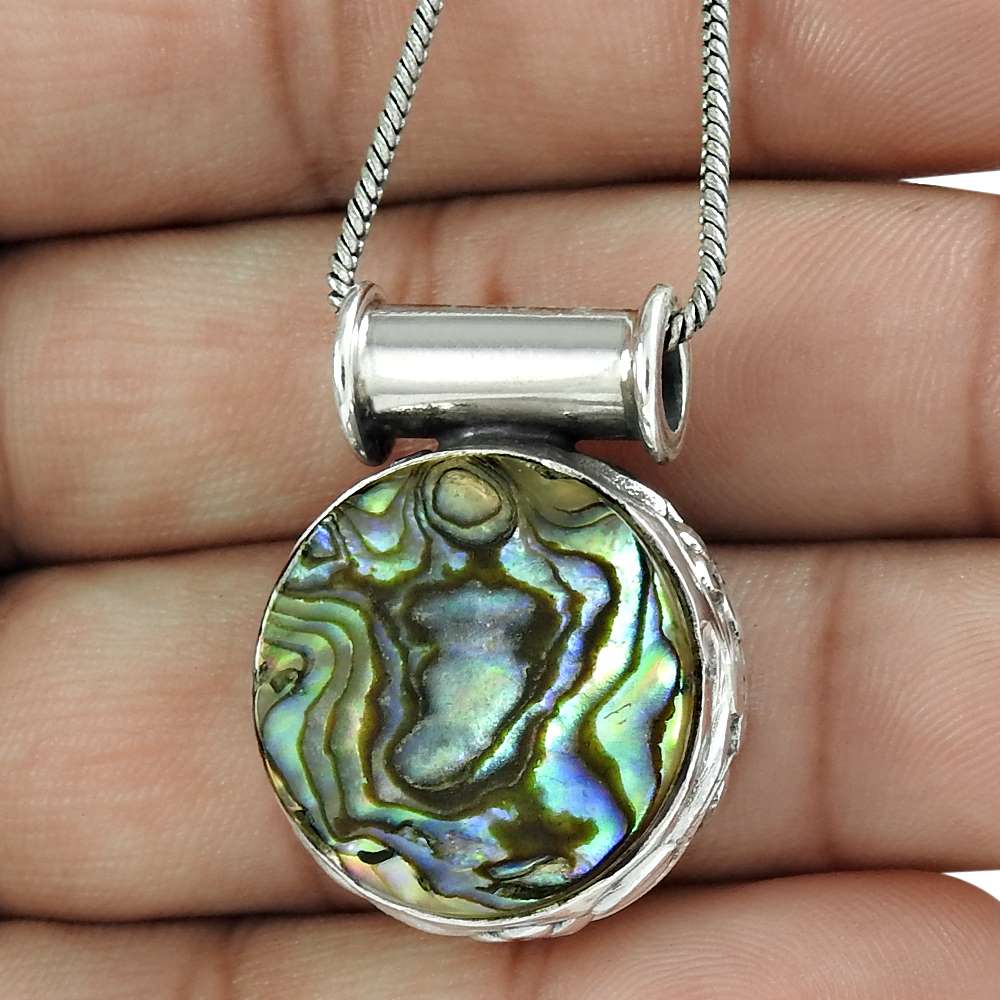 Natural Abalone Shell Gemstone Pendant Tribal 925 Sterling Silver For Girls R13