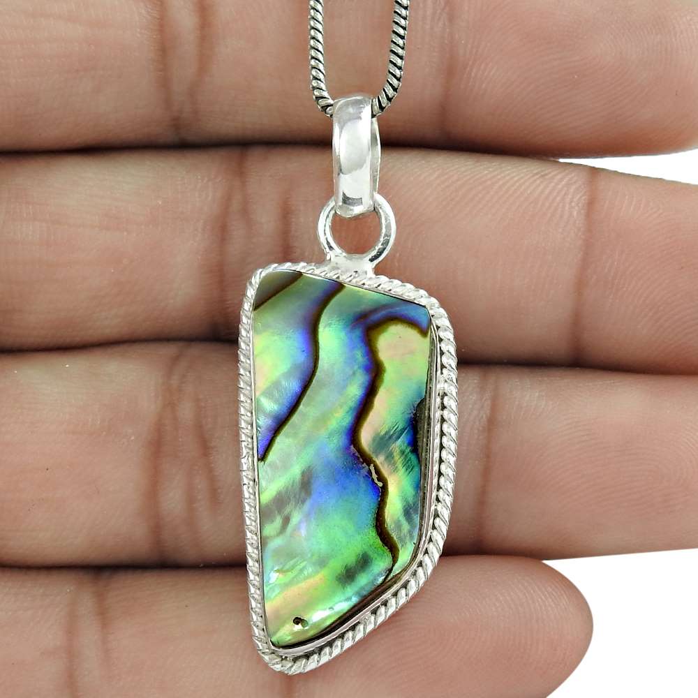 Gift For Her 925 Silver Natural Abalone Shell Gemstone Pendant Tribal A7