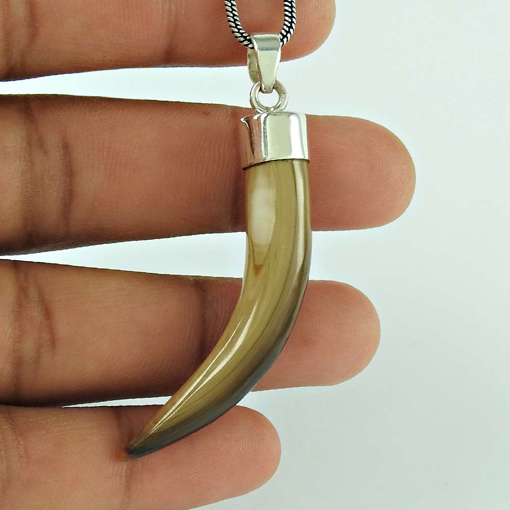 Natural Shell Gemstone Pendant Brown 925 Sterling Silver Indian Jewelry H8