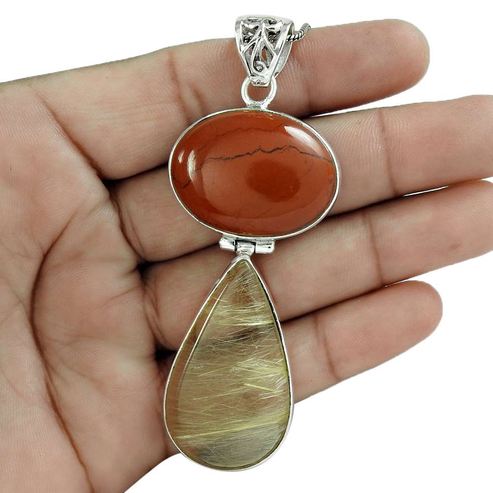Natural Golden Rutile Gemstone Pendant Boho Gold 925 Sterling Silver Jewelry J8