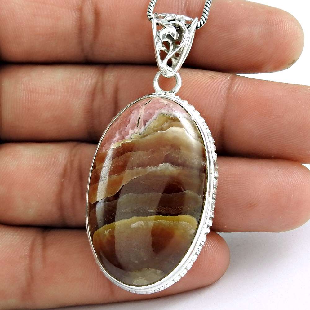 Natural Rhodochrosite Gemstone Pendant Bohemian 925 Silver For Girls W14