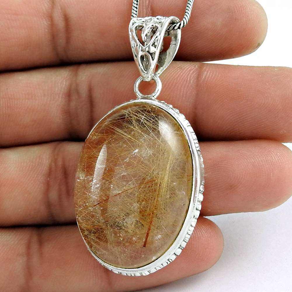 Anniversary Gift For Her Natural Golden Rutile Pendant Tribal 925 Silver Y14