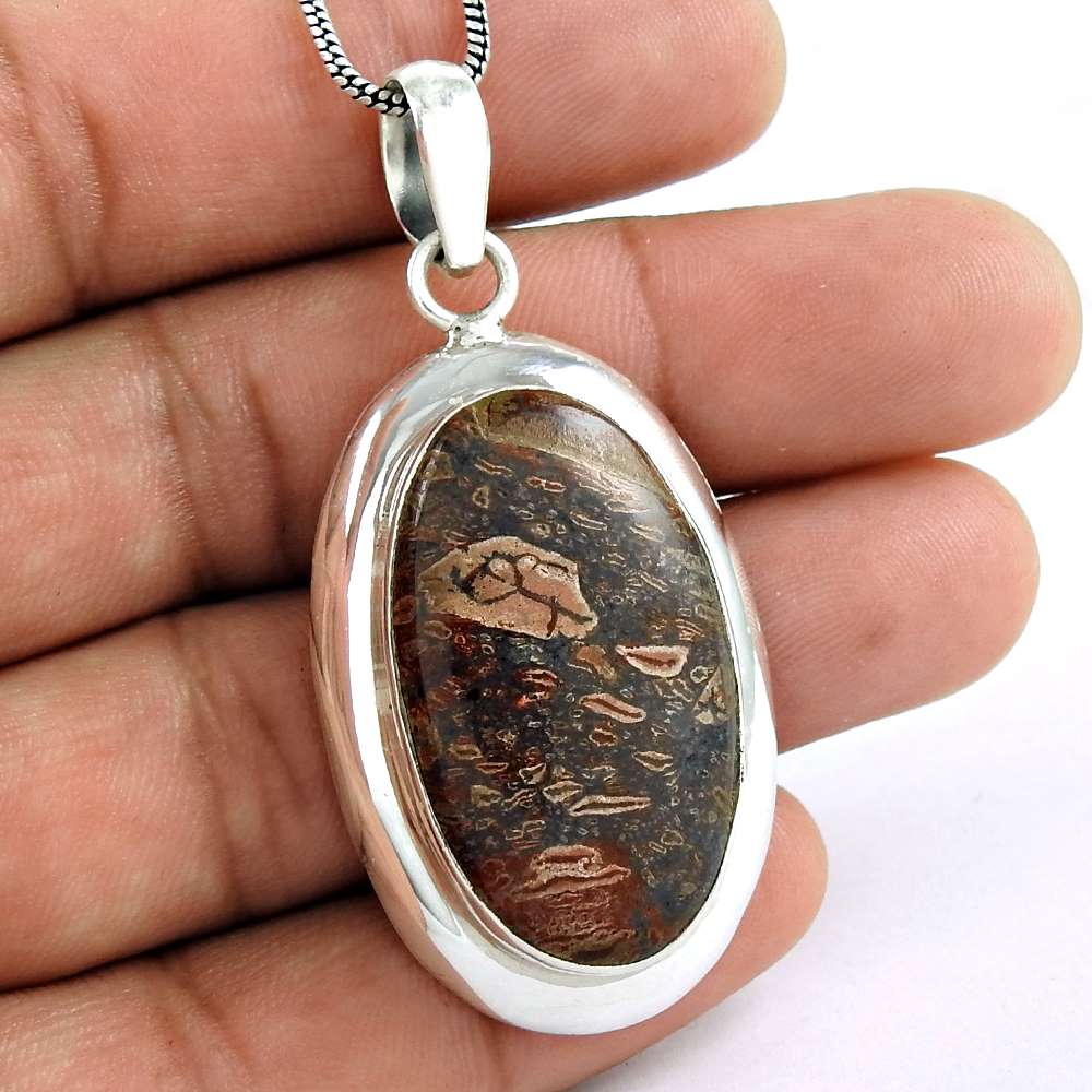 Gift For Her Natural Leopardskin Jasper Pendant Bohemian 925 Silver V8