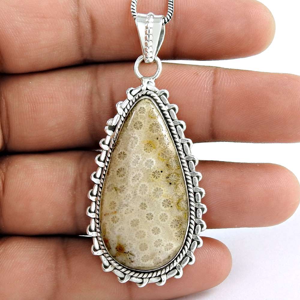 Natural Fossil Coral Gemstone Pendant Ethnic Ivory 925 Sterling Silver O32