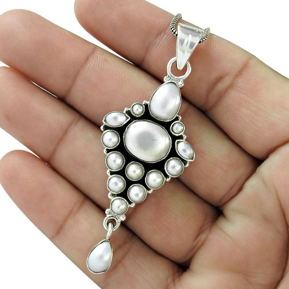 Natural Pearl Gemstone Pendant Bohemian 925 Sterling Silver For Women C61
