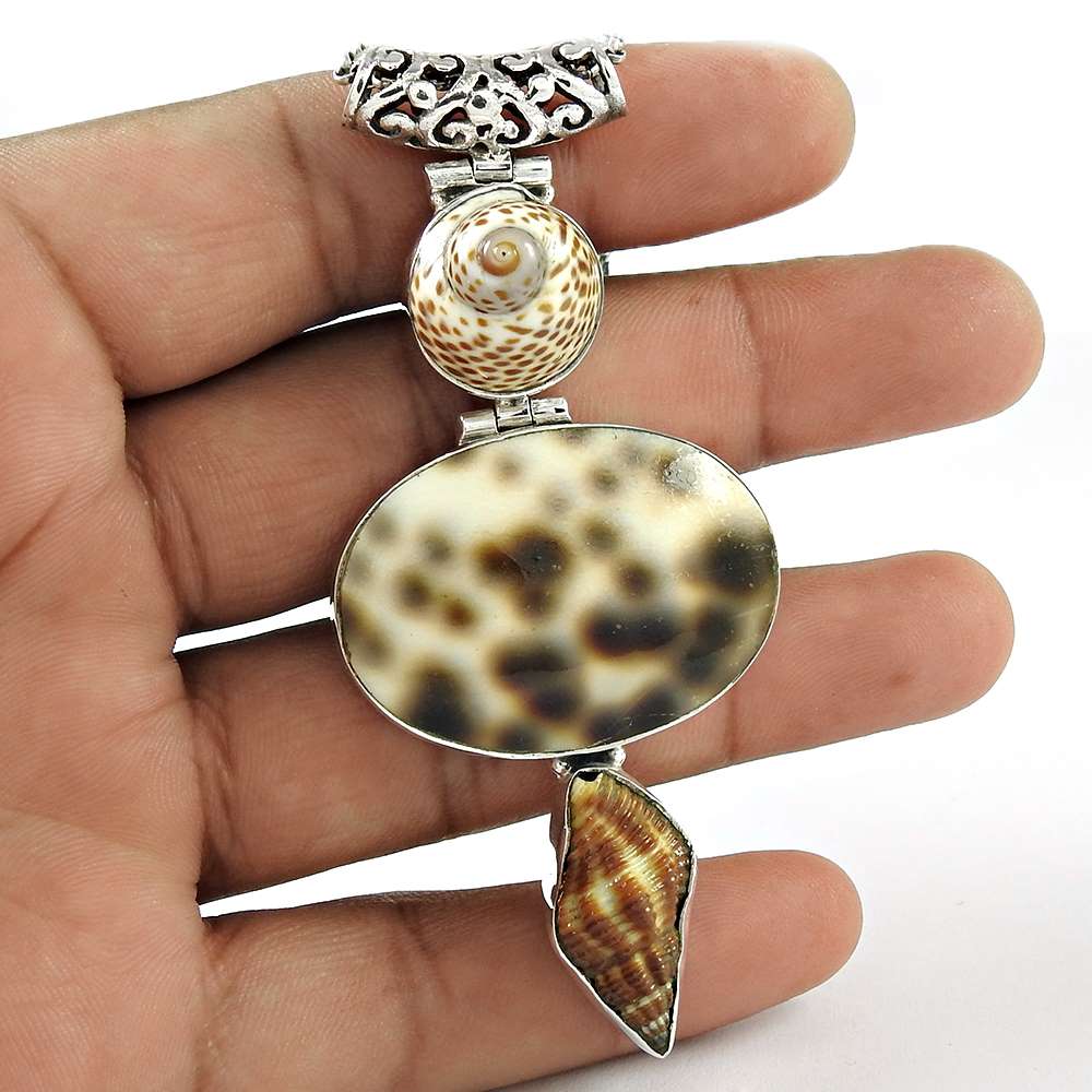 Natural Shell Gemstone Pendant Vintage 925 Sterling Silver Indian Jewelry B86