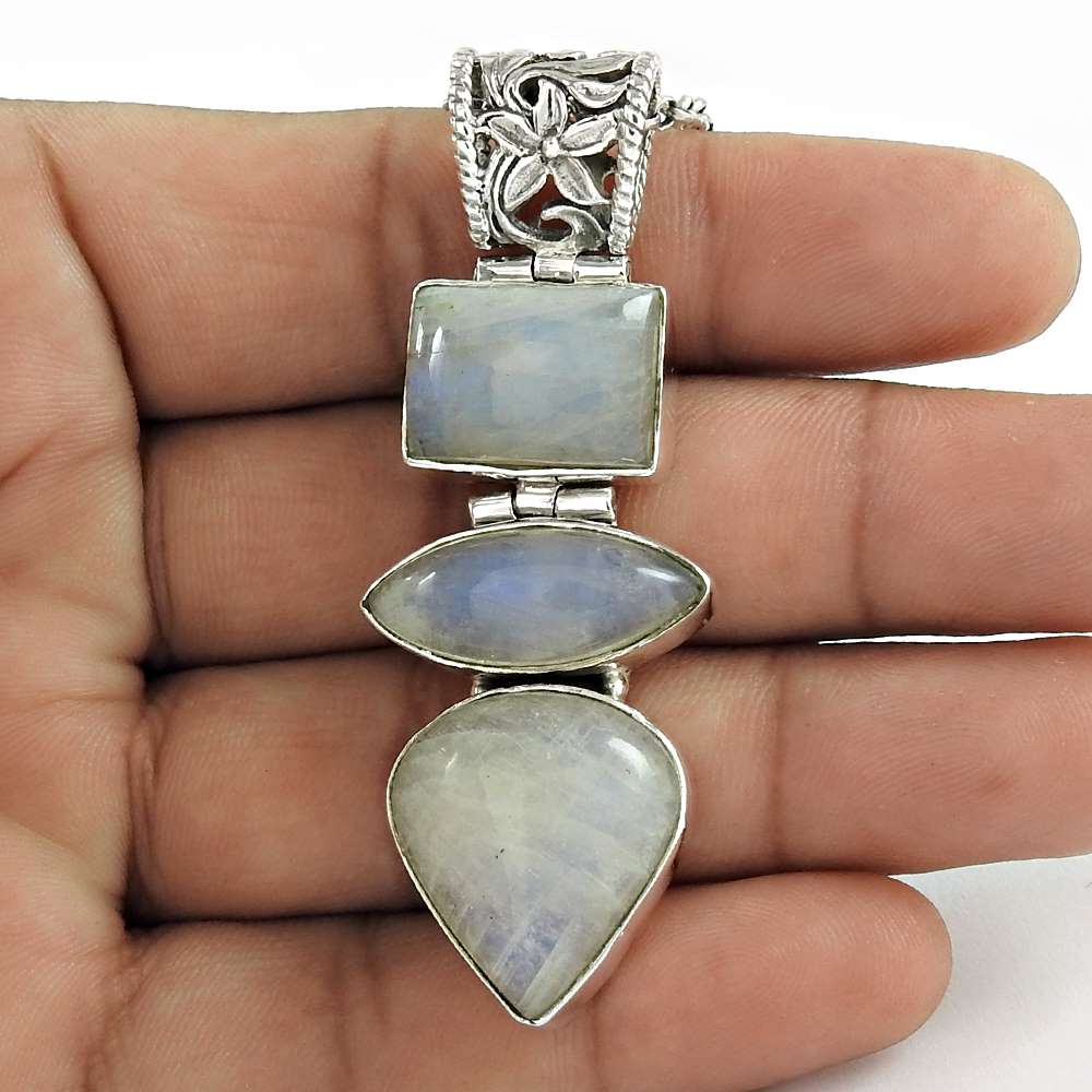 Wedding Gift For Her 925 Silver Natural Rainbow Moonstone Pendant Tribal O14