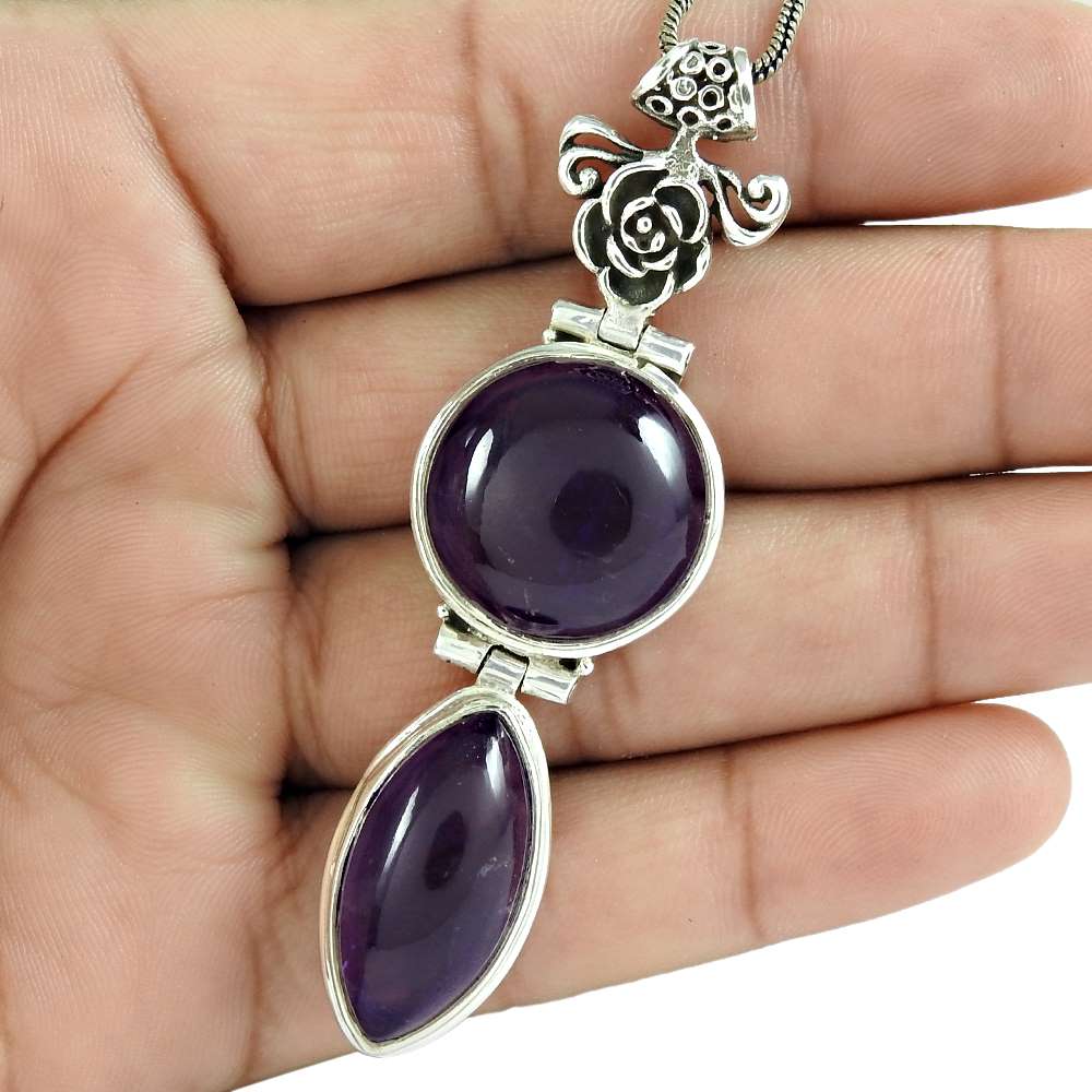 Natural Amethyst Gemstone Pendant Tribal 925 Sterling Silver Indian Jewelry Y9