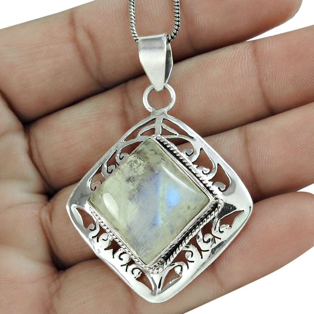 Natural Rainbow Moonstone Gemstone 925 Silver Pendant Ethnic For Girls T21