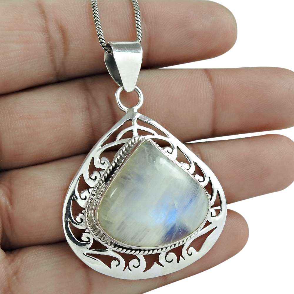 Halloween Gift Natural Rainbow Moonstone Pendant 925 Sterling Silver V20
