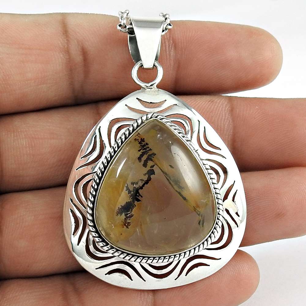 Natural Plume Agate Gemstone 925 Sterling Silver Pendant Vintage For Women F28