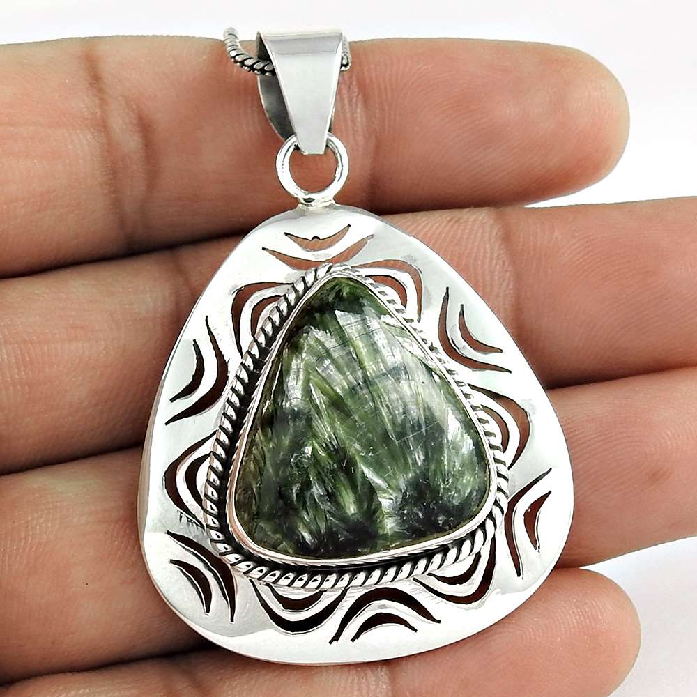 Wedding Gift For Her 925 Silver Natural Seraphinite Gemstone Pendant Vintage E54