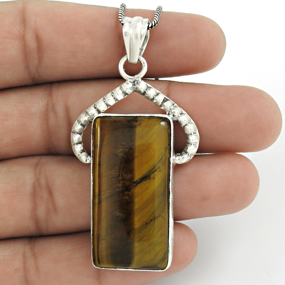 Natural Tiger'S Eye Gemstone Christmas Gift Pendant 925 Sterling Silver C7