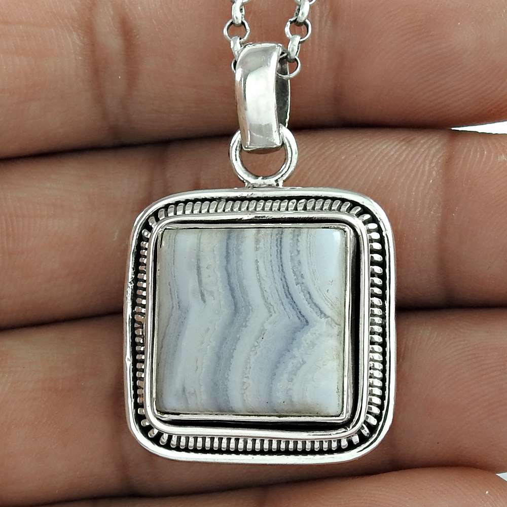 Birthday Gift For Her Natural Blue Lace Agate Pendant Ethnic 925 Silver X11