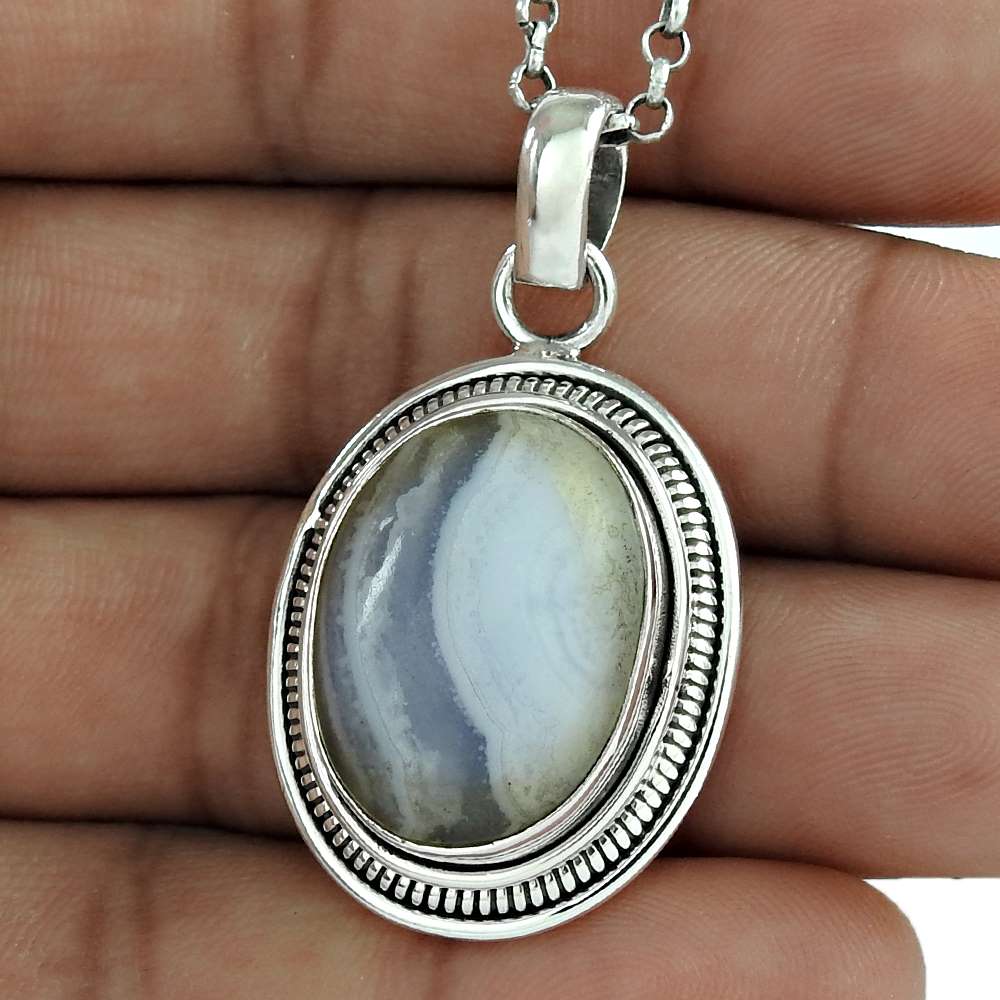Gift For Women Pendant Tribal 925 Silver Natural Blue Lace Agate Gemstone B40