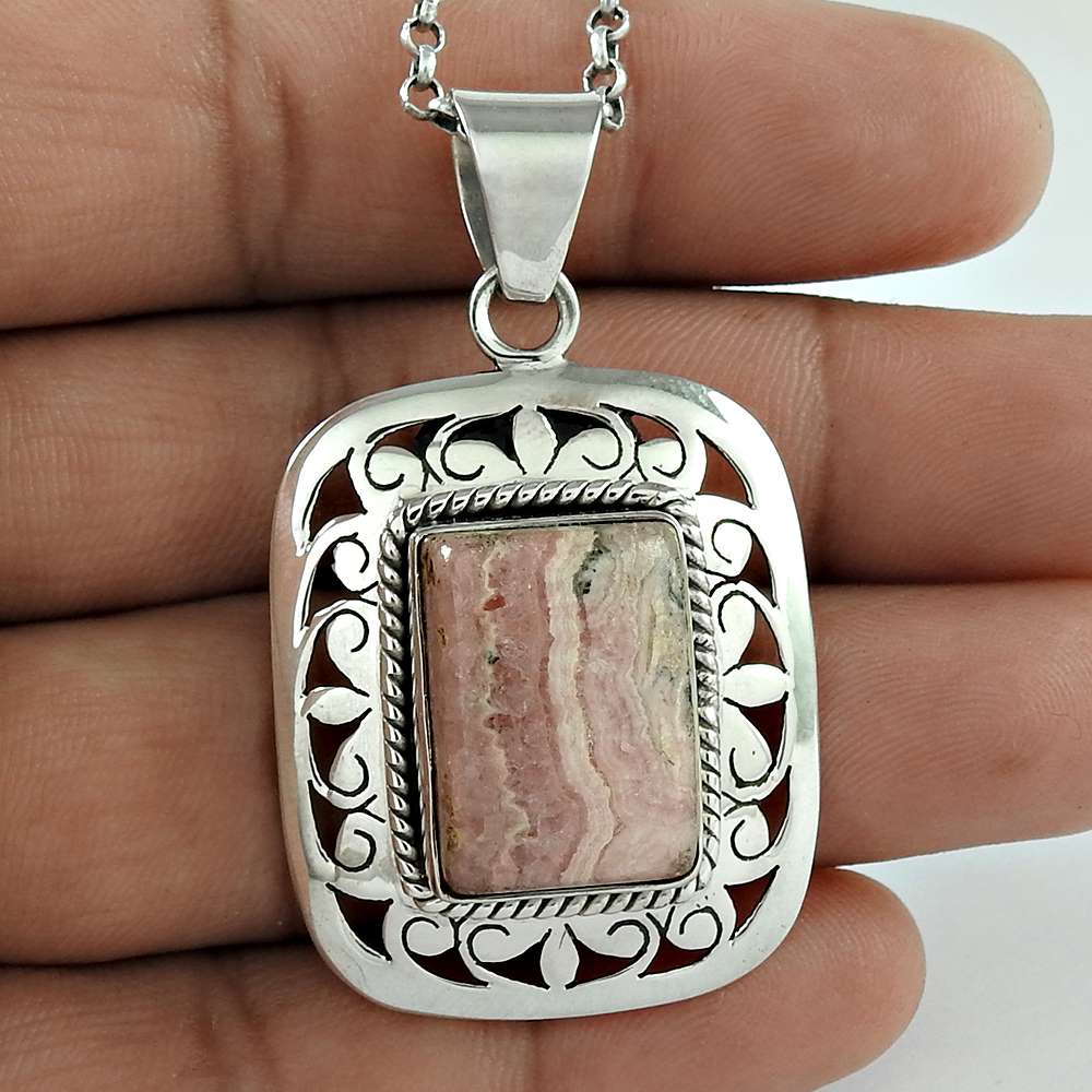 Natural Rhodochrosite Gemstone 925 Sterling Silver Pendant Ethnic For Women O6