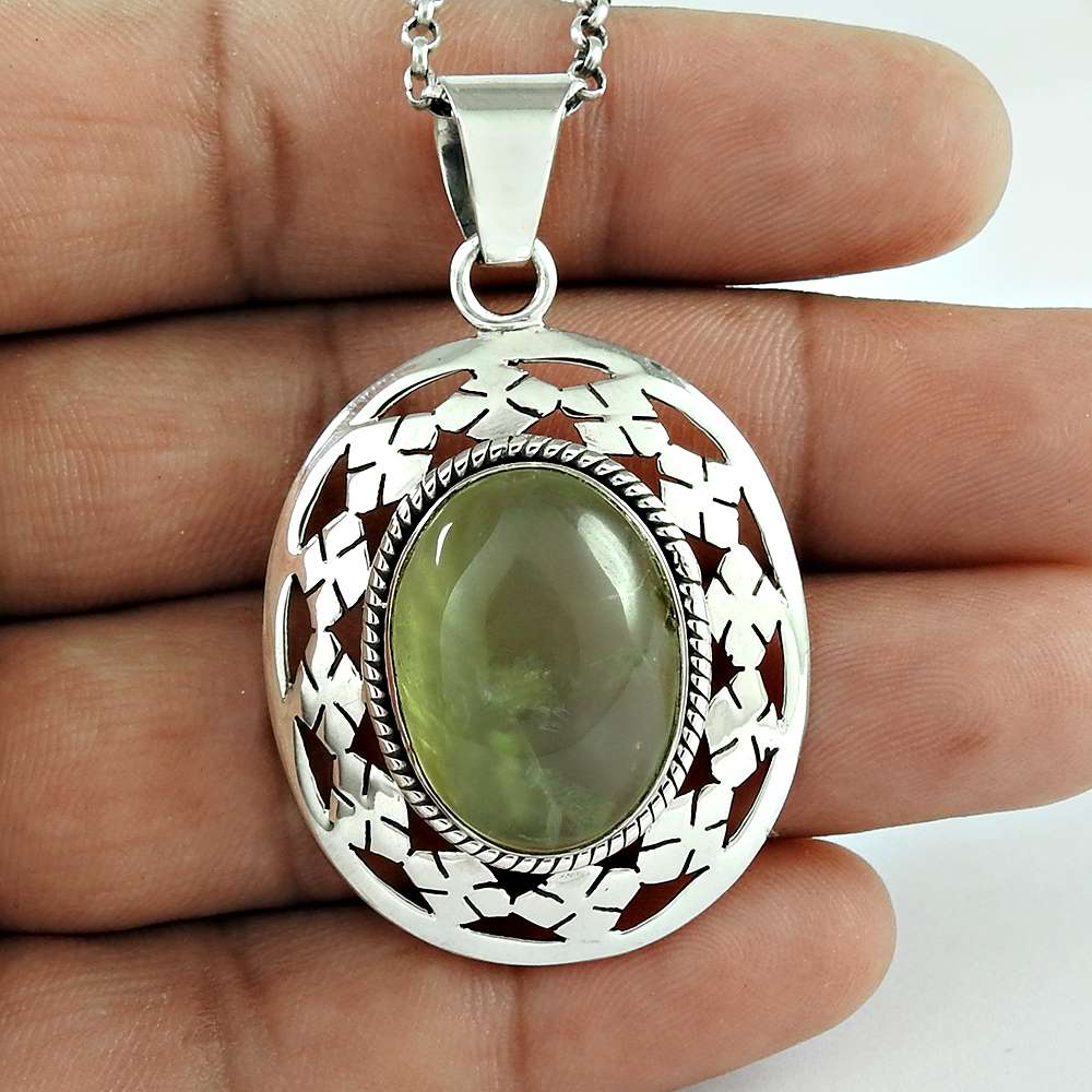 Natural Prehnite Gemstone Pendant Tribal Green 925 Sterling Silver Jewelry E21