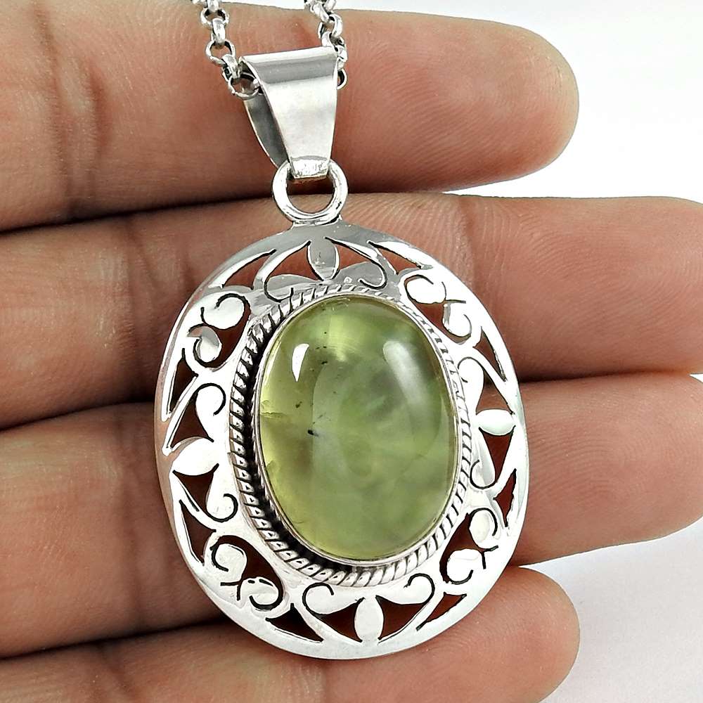 Natural Prehnite Gemstone Jewelry 925 Sterling Silver Pendant Boho For Girls J5