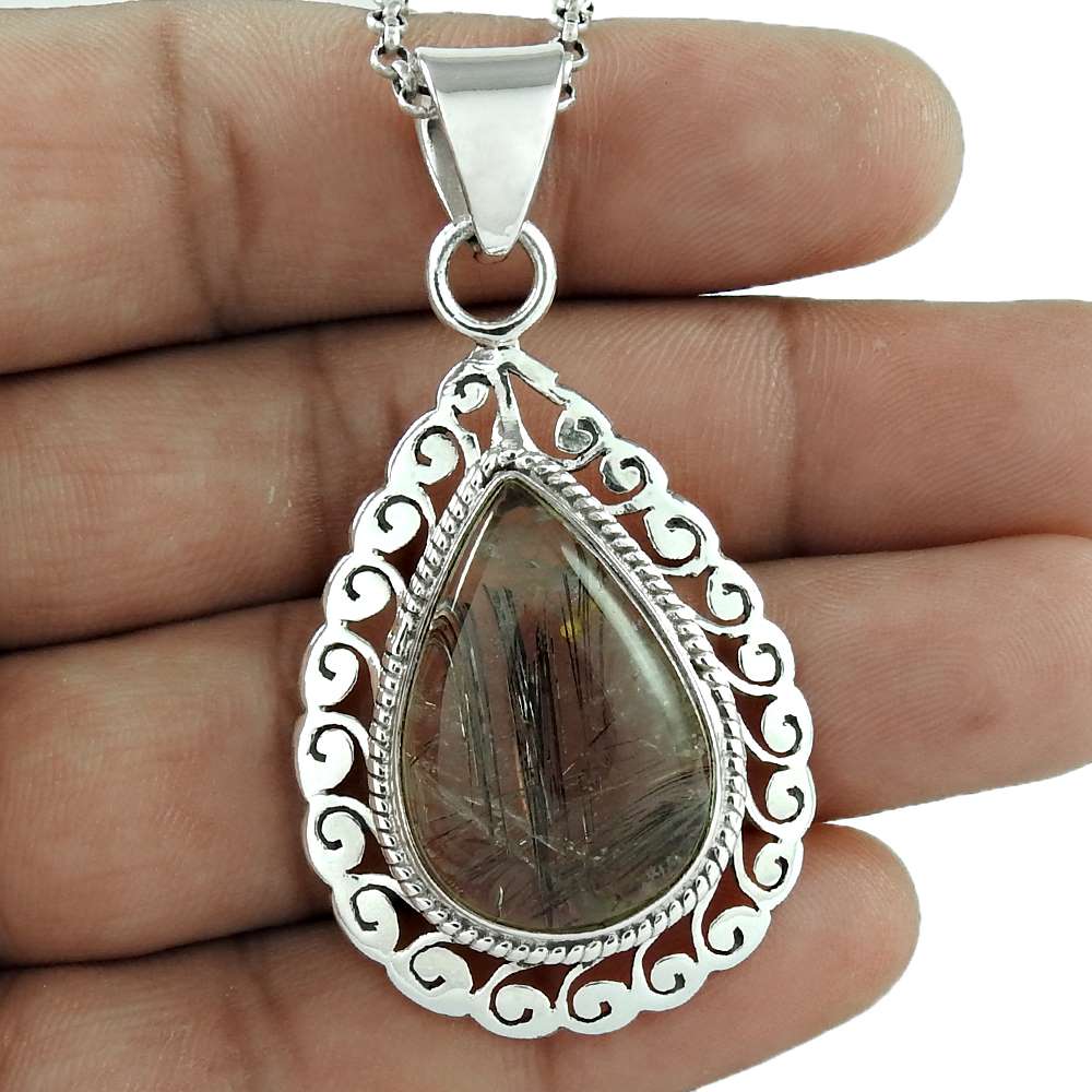 Anniversary Gift For Her Natural Black Rutile Pendant Vintage 925 Silver D12