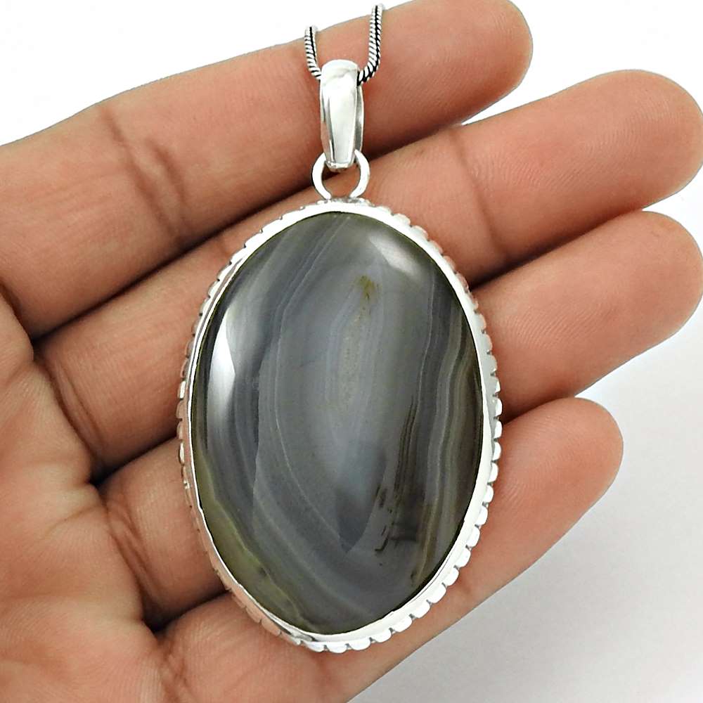Natural Botswana Agate Gemstone Pendant Gray 925 Sterling Silver Jewelry M10