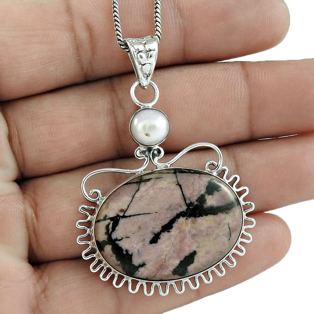 Natural Rhodonite Gemstone Jewelry 925 Sterling Silver Pendant P21