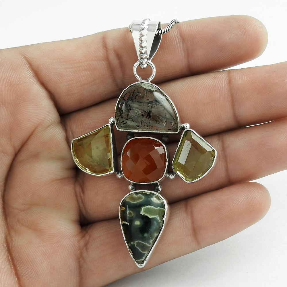 Christmas Gift 925 Sterling Silver Natural Carnelian Gemstone Pendant Vintage Q3