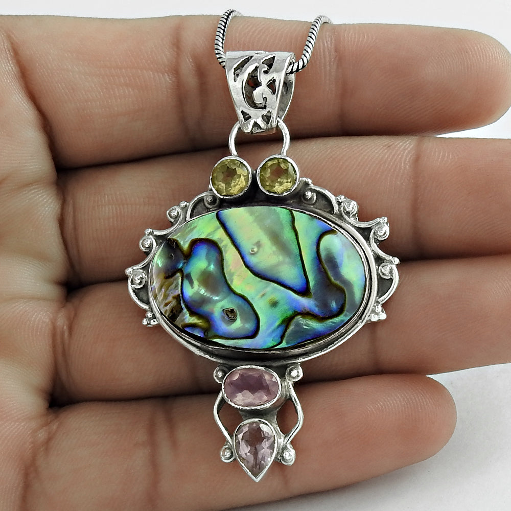Natural Abalone Shell Gemstone Pendant Vintage 925 Sterling Silver Jewelry H9