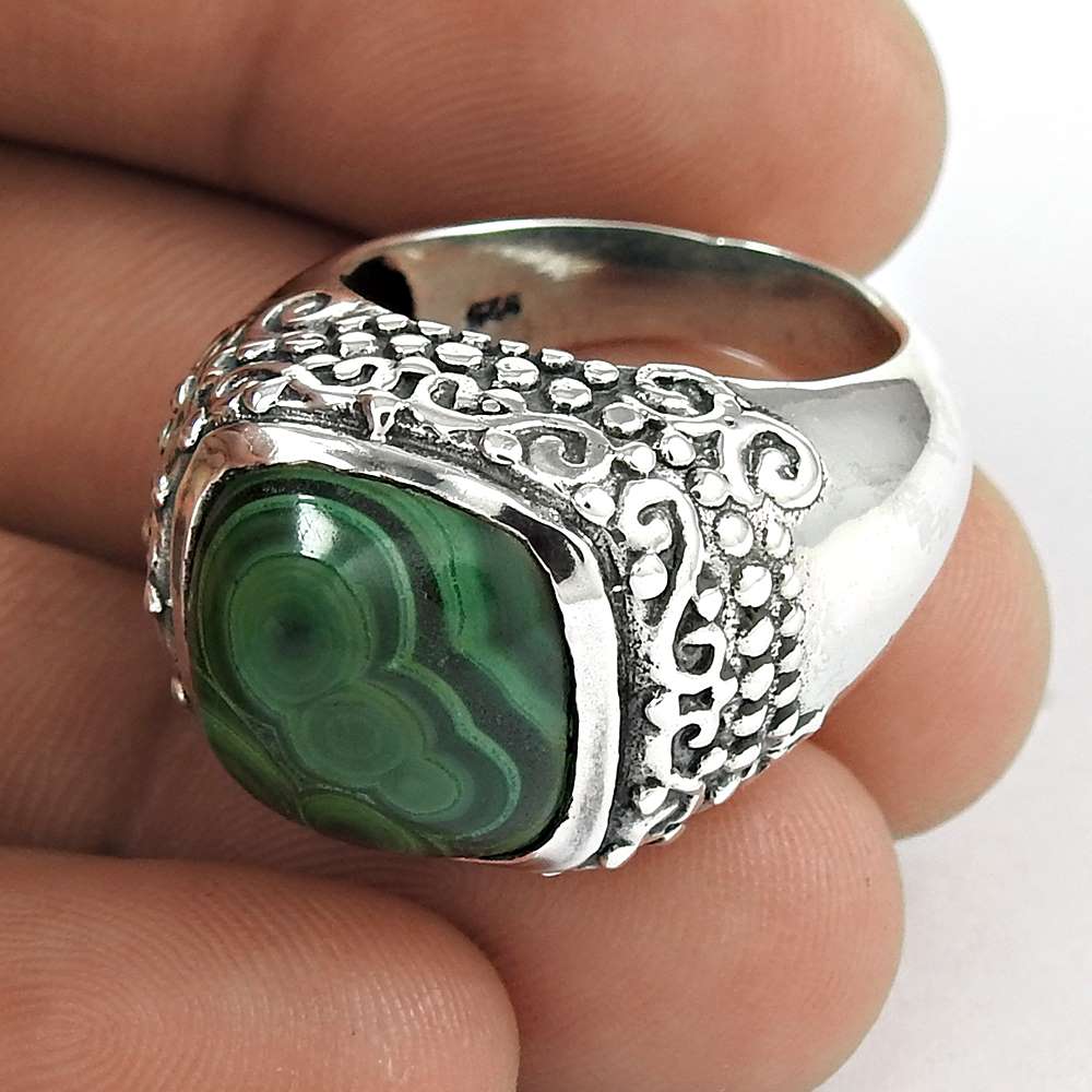 Woman Gift Natural Malachite Cocktail Ring Size 7.5 925 Sterling Silver J3