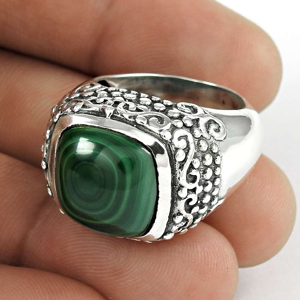 Woman Gift Natural Malachite Statement Ring Size 7.5 925 Sterling Silver K3