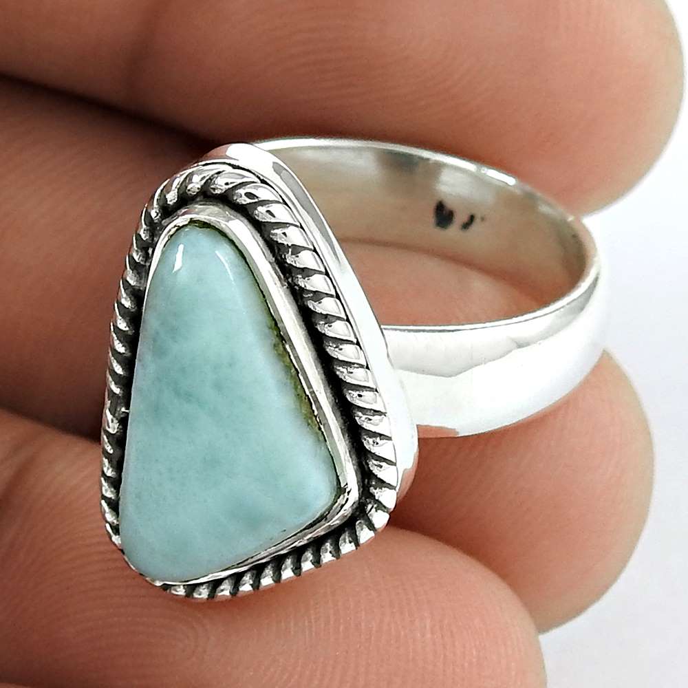 Woman Gift Natural Larimar Solitaire Boho Ring Size 7 925 Silver T2