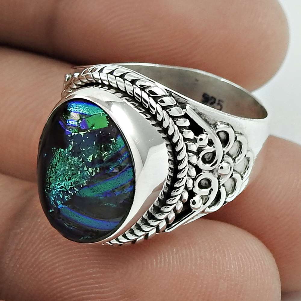 Christmas Gift 925 Sterling Silver Natural Dico Glass Solitaire Ring Size 8 S1