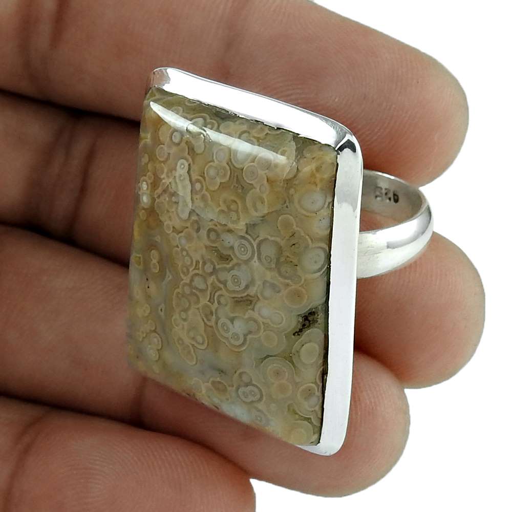 Natural Fossil Coral 925 Silver Solitaire Bohemian Ring Size 6.5 For Women C1