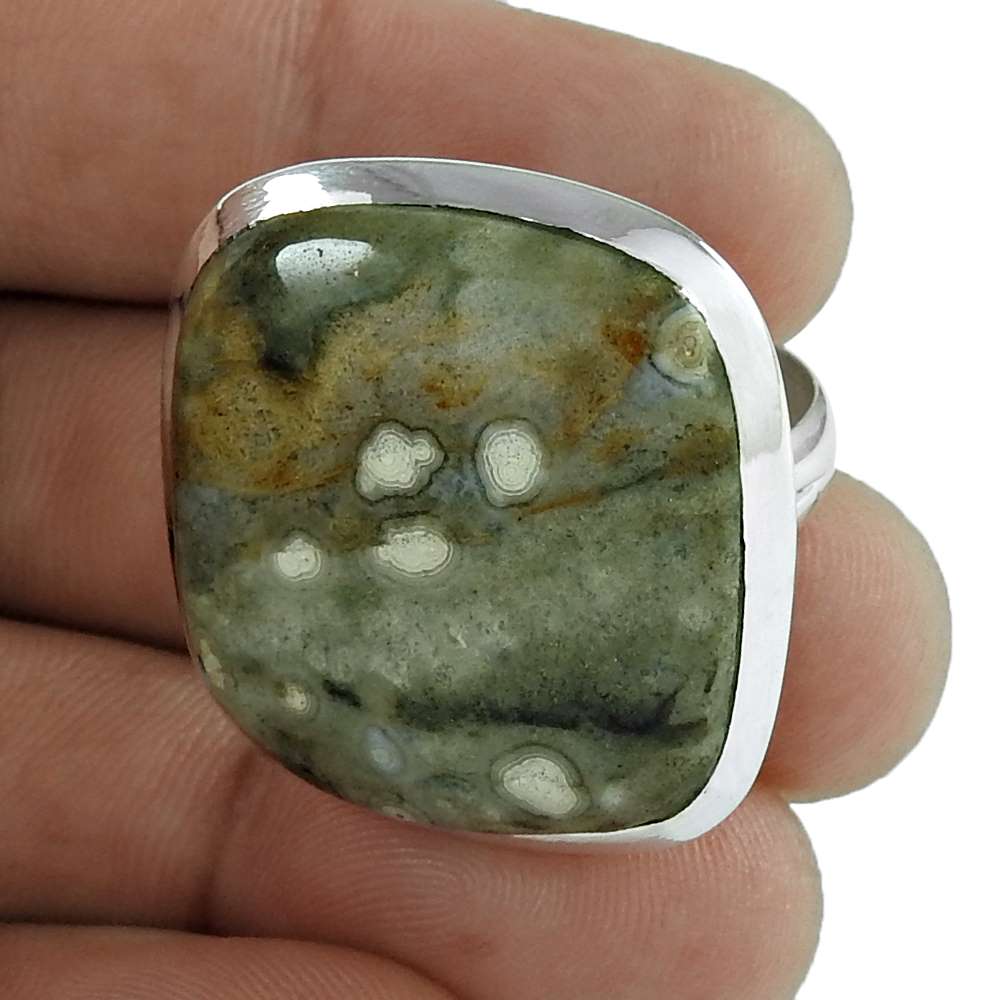 Natural Jasper Gemstone 925 Silver Solitaire Boho Ring Size 9 For Women U3