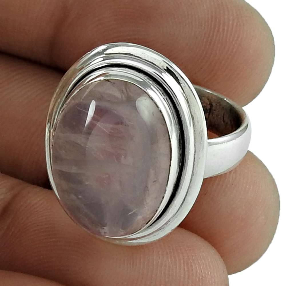 Woman Gift Rose Quartz Statement Boho Ring Size 7.5 925 Silver A24