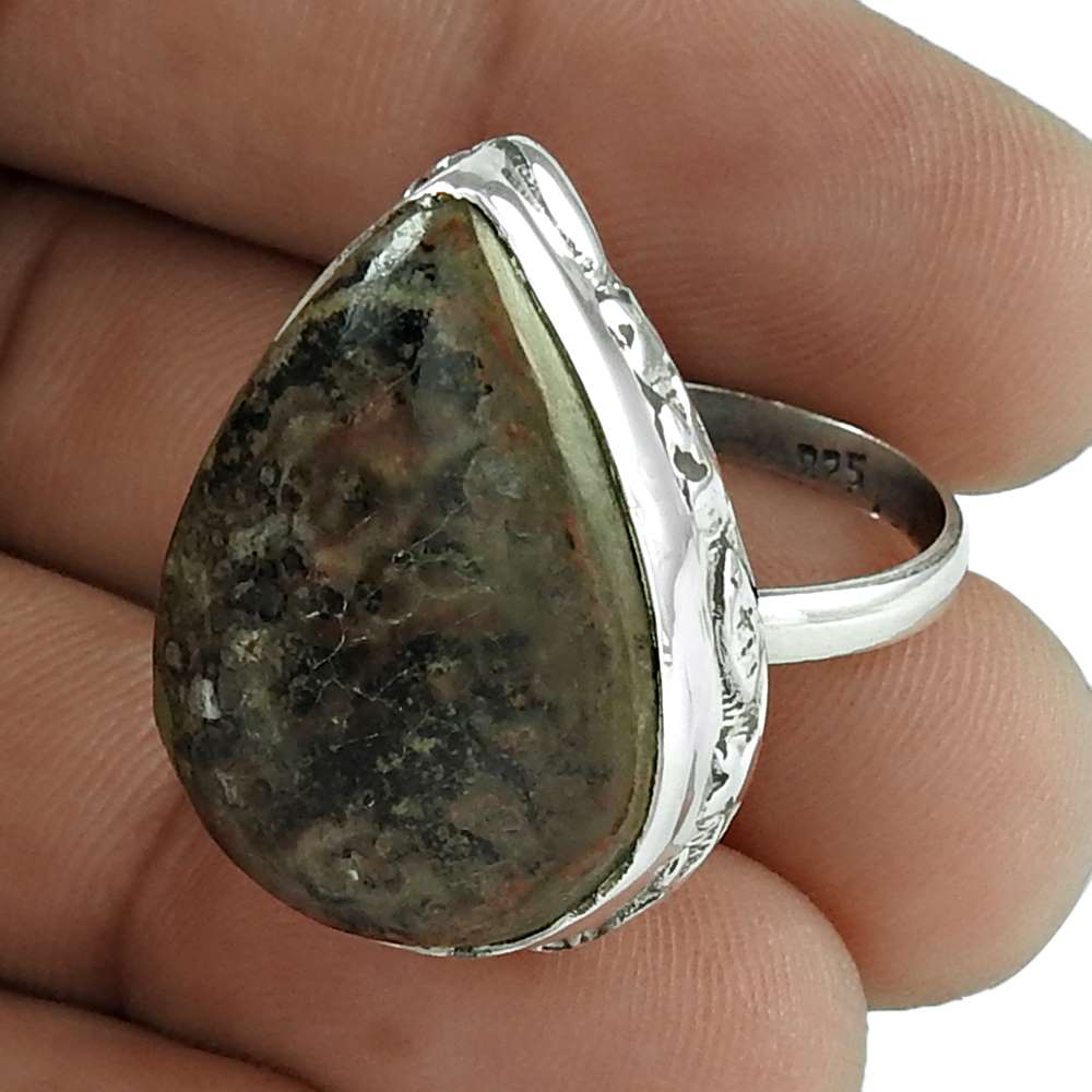 Cocktail Bohemian Ring Size 8.5 925 Silver Natural Crinoid Fossil G18