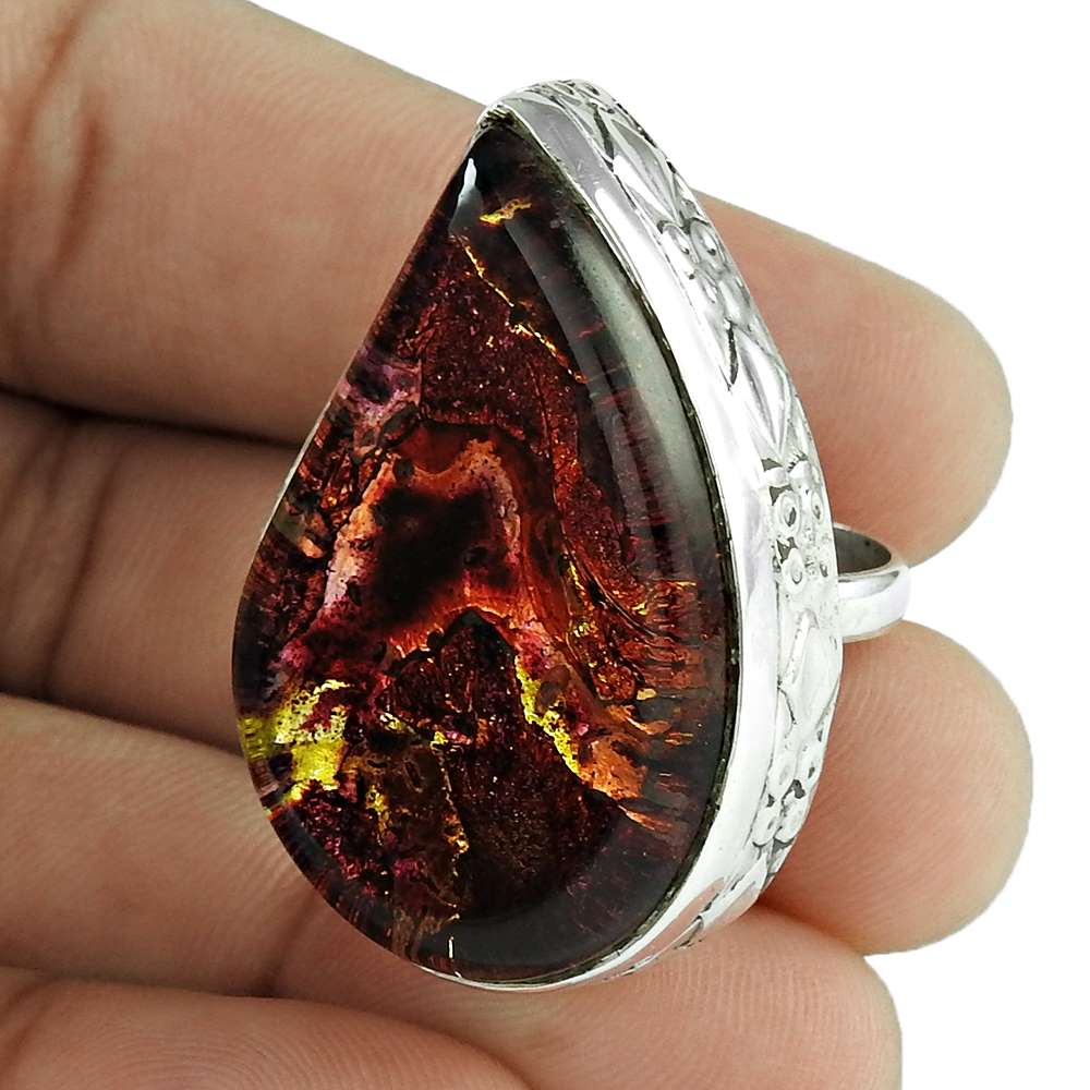 Natural Dico Glass Gemstone 925 Silver Cocktail Tribal Ring Size 6 For Women E2