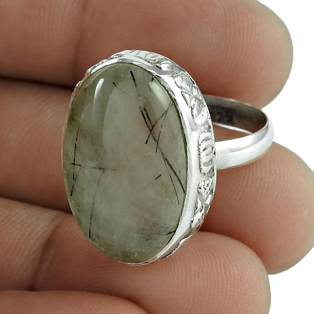 Natural Black Rutile 925 Silver Solitaire Boho Ring Size 7.5 For Girls C8